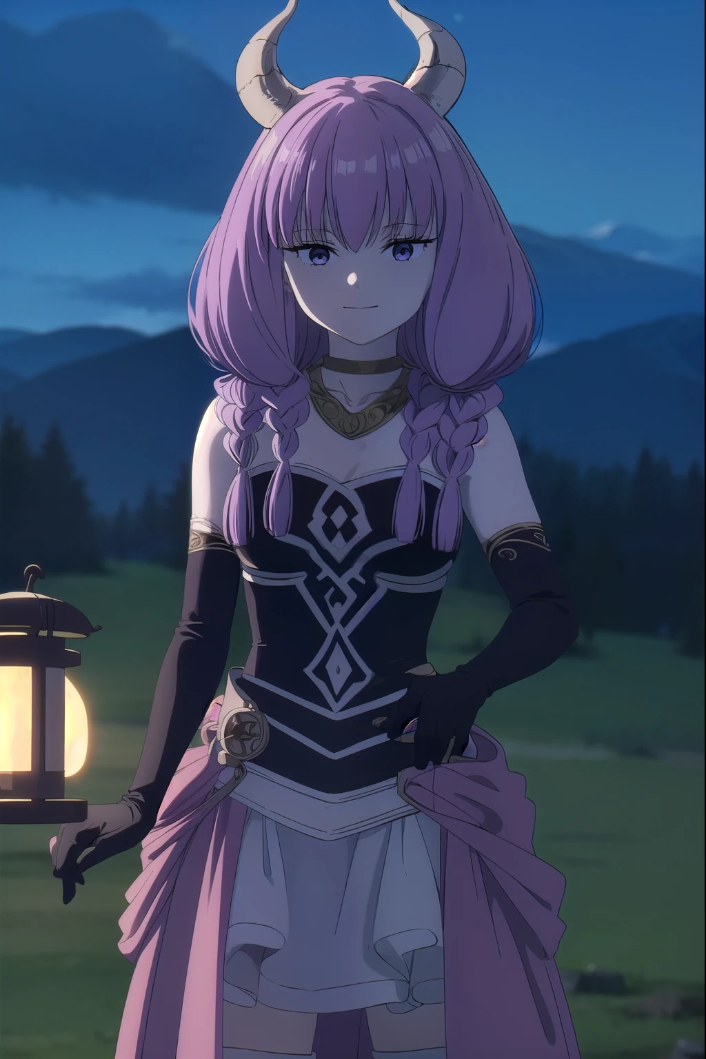 (masterpiece),( Highest quality), (High resolution), (unity 8k wallpaper), (shape:0.8), (Beautiful attention to detail:1.6), (Highly detailed face), (Aura), One Girl, Purple eyes, Long Hair, Purple Hair, Braiding, Horn, twin Braidings, smile, (mini skirt), (black  Knee socks), gloves, choker, black gloves, elbow gloves, Magical girl, View your viewers, Are standing, Perfect lighting, Extremely detailed CG, (Perfect hands, Perfect Anatomy), cowboy shot, Are standing, Outdoor, garden, sun, null, cloud