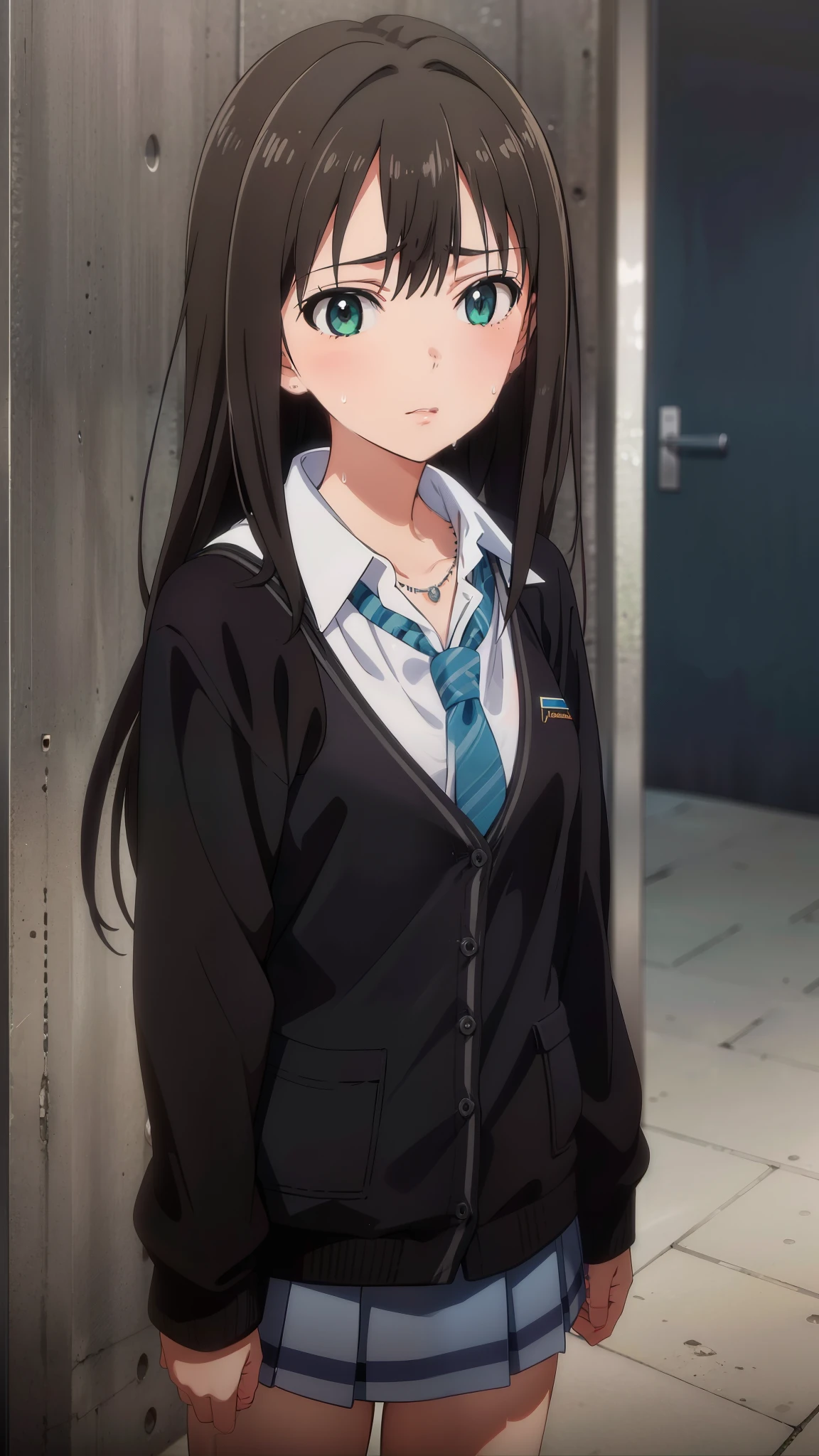 (masterpiece、Highest quality、In 8K、High resolution:1.2)、alone, One Girl, Rin Shibuya、 school uniform、 cardigan, tie, necklace, View your viewers、Cowboy Shot、Excessive sweat on the face