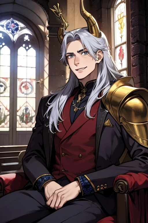 Perfect face. Perfect hands. A young silver haired man with golden eyes and golden horns in a cool suit is smiling while looking at statue in an abandoned church\