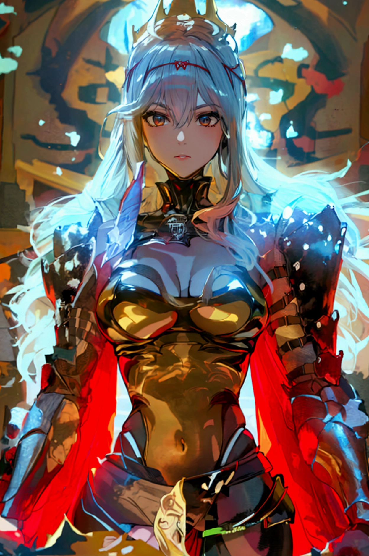 Highest quality,8k,masterpiece,Nike, Goddess of Victory, One Woman,Voluptuous body,Perfect Anatomy,Silver long hair,Beautiful Eyes,Large Breasts,glare,nsfw,M-shaped legs,scarletg, bodysuit, headpiece, shoulder armor, half-skirt, belt, asymmetrical legwear, sheath,Inside the base,Hold the sword