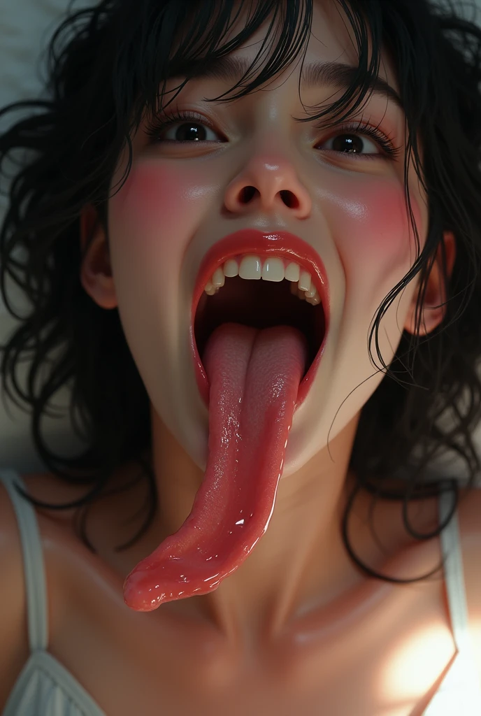 The hottest woman in the world with her mouth open dripping with viscous