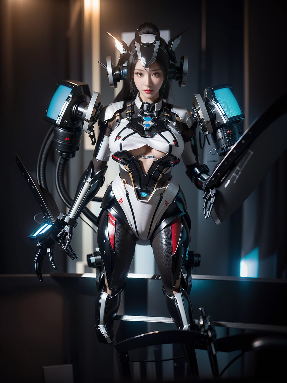 Super Detail, High Detail, high quality, best quality, High resolution，a female robot，Beautiful female robot,beautiful clear face(Rain waves_haneame：1.5)，mechanical body(whole body，body curve，Large size chest)，Thick machine armor，high tech，Military