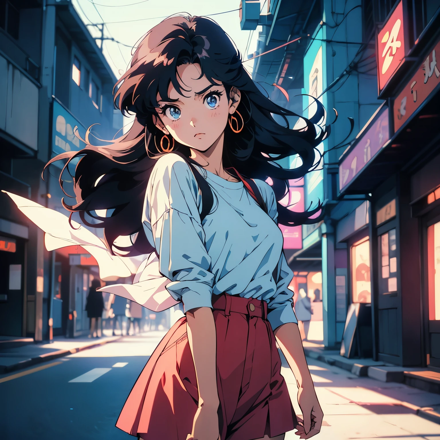 Retro arcade anime woman, Anime atmosphere of the 80s, 80s anime style, Retro Anime Girls, 1980's anime style, Retro anime images, Anime atmosphere, beautiful art in 1990s anime style, classic anime, retro anime, still frame, cell shaded, VHS quality, grainy, ultra detailed, a girl in combat, gainax style, high quality, best quality, grainy, artgerm, noir atmoshpere