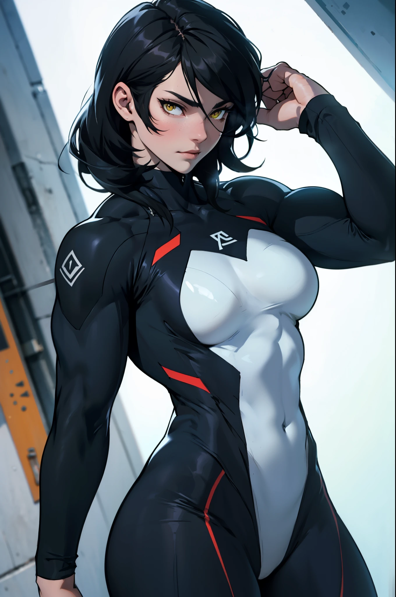 (muscular girl) huge breasts black hair yellow eyes pale skin expressionless drop shadow