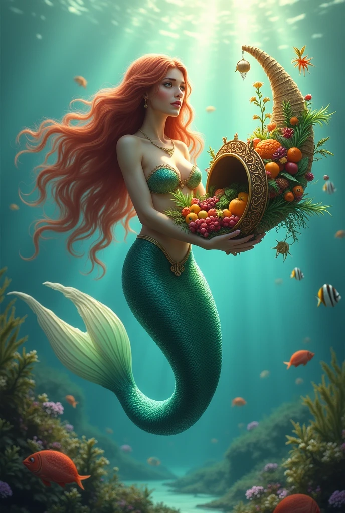 Animated mermaid whit long orange hair and darkgreen tail holding on seashells and pearls pink seahorses are swkmmimg around
