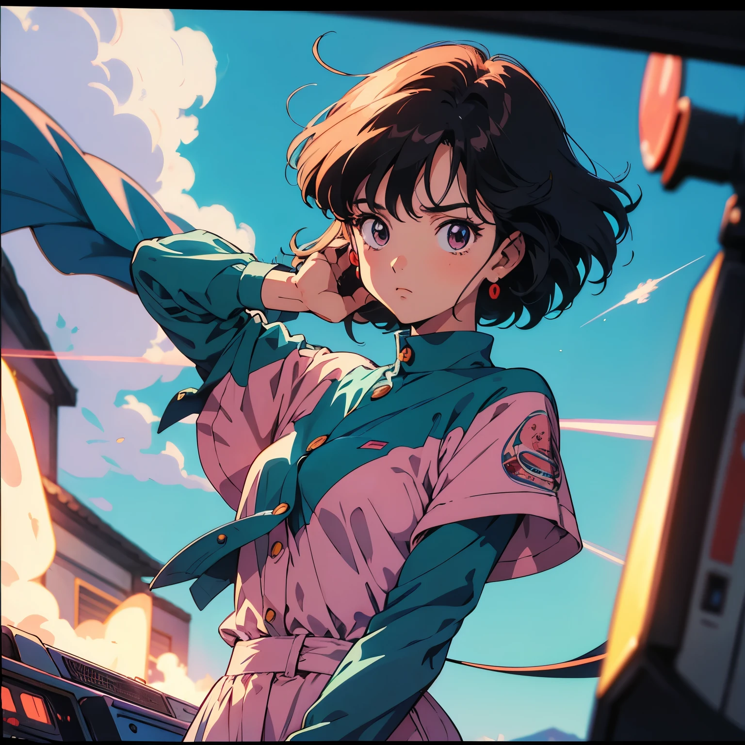 Retro arcade anime girl, Anime atmosphere of the 80s, 80s anime style, Retro Anime Girls, 1980's anime style, Retro anime images, Anime atmosphere, beautiful art in 1990s anime style, classic anime, retro anime, still frame, cell shaded, VHS quality, grainy, ultra detailed, a girl in combat, gainax style, high quality, best quality, grainy, artgerm