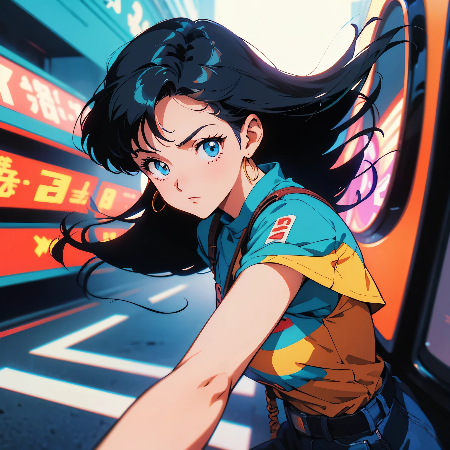 Retro arcade anime girl, Anime atmosphere of the 80s, 80s anime style, Retro Anime Girls, 1980's anime style, Retro anime images, Anime atmosphere, beautiful art in 1990s anime style, classic anime, retro anime, still frame, cell shaded, VHS quality, grainy, ultra detailed, a girl in combat, gainax style, high quality, best quality, grainy, artgerm
