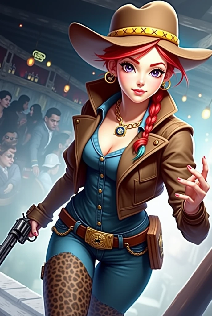 Moxxi, Asymmetrical clothes, asymmetrical legwear, bangs, belt, belt skirt, choker, gloves, blue eyes, brown hair, bustier,  eyelashes, eyeliner, facepaint, fishnet gloves, flipped hair, hat, heart tattoo, long blue coat, at a bar, neon light, bottomless, nude
