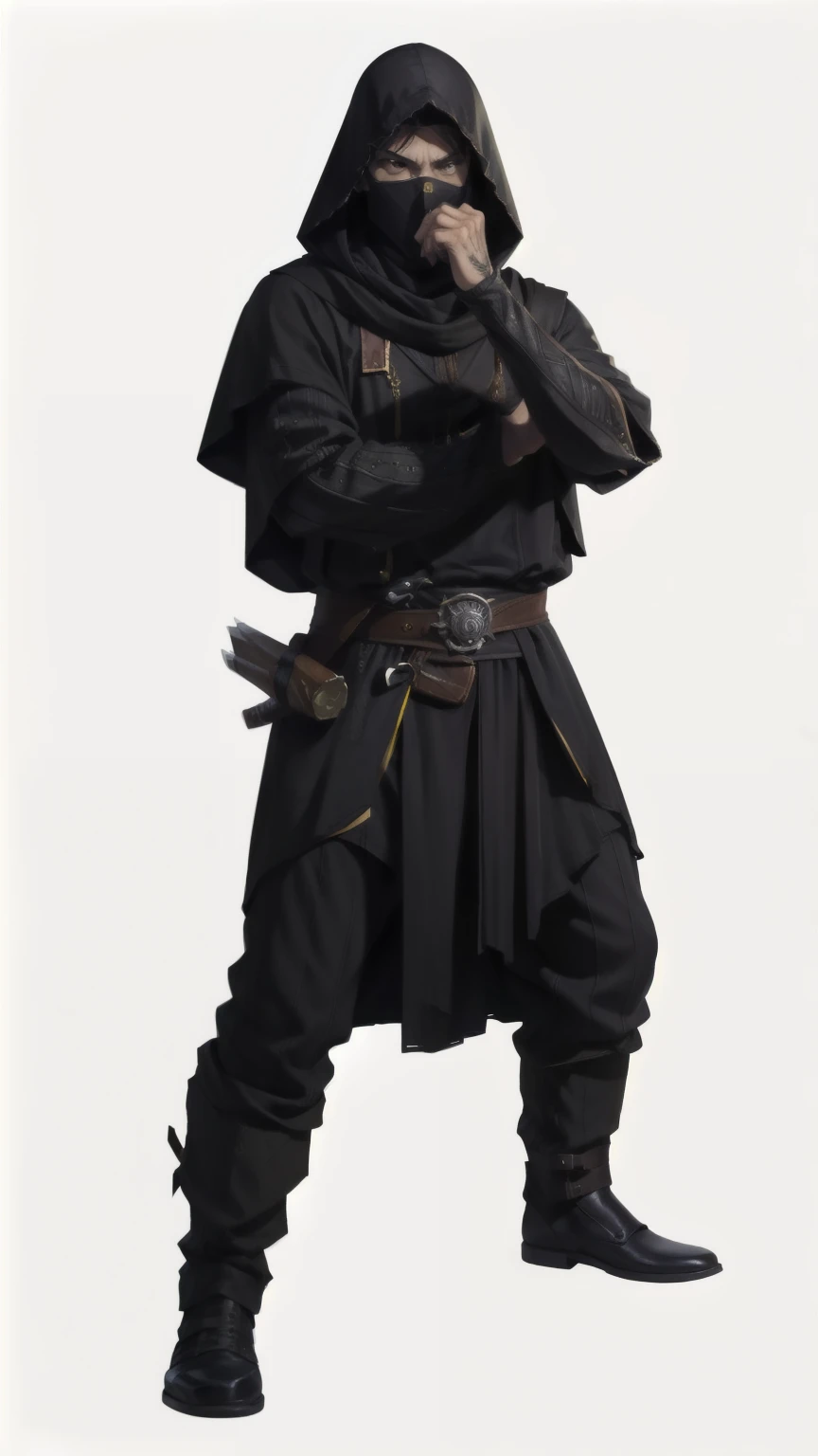 RPG character, I want a character with a white background, png, an RPG assassin, ten mens, naughty man, covering the face with a hood, black clothes with red details, black short hair, black cowl, long clothes hiding your intentions, shine in the eye, Full-body image, white skin color, naughty man esguio, killer stance
