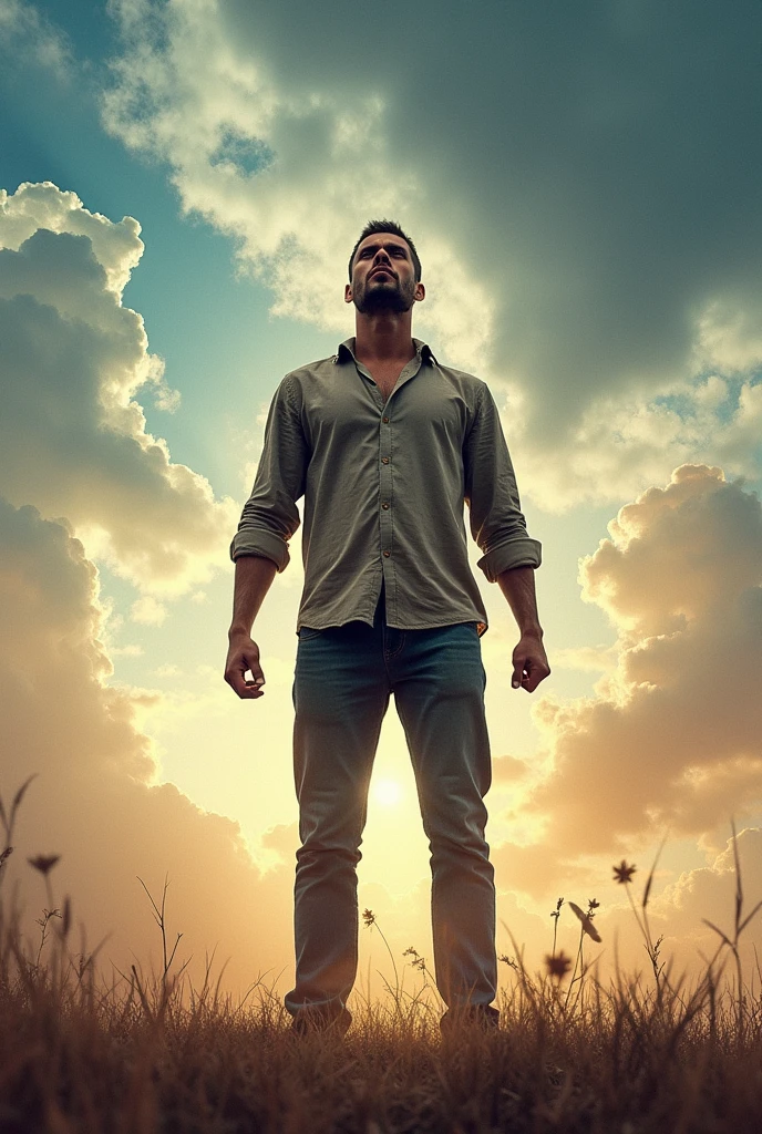 Create an image of a black man with an afro (short hair) Wearing a white tank top, blue denim jeans, and white sneakers, depict him as a powerful and ancient deity with the light of his glory covering his face. 