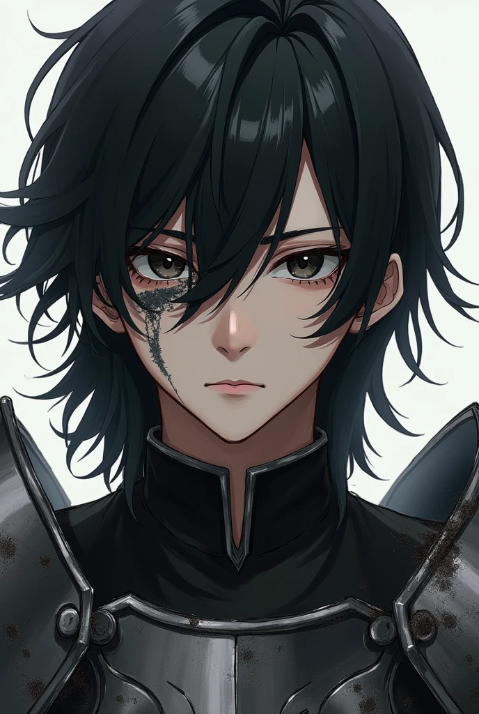 A 23 year old male with black eyes with long hair and a scar that runs across his cheek and down to his eye in an anime style with broken armor and a completely sad face., but with a look of determination.