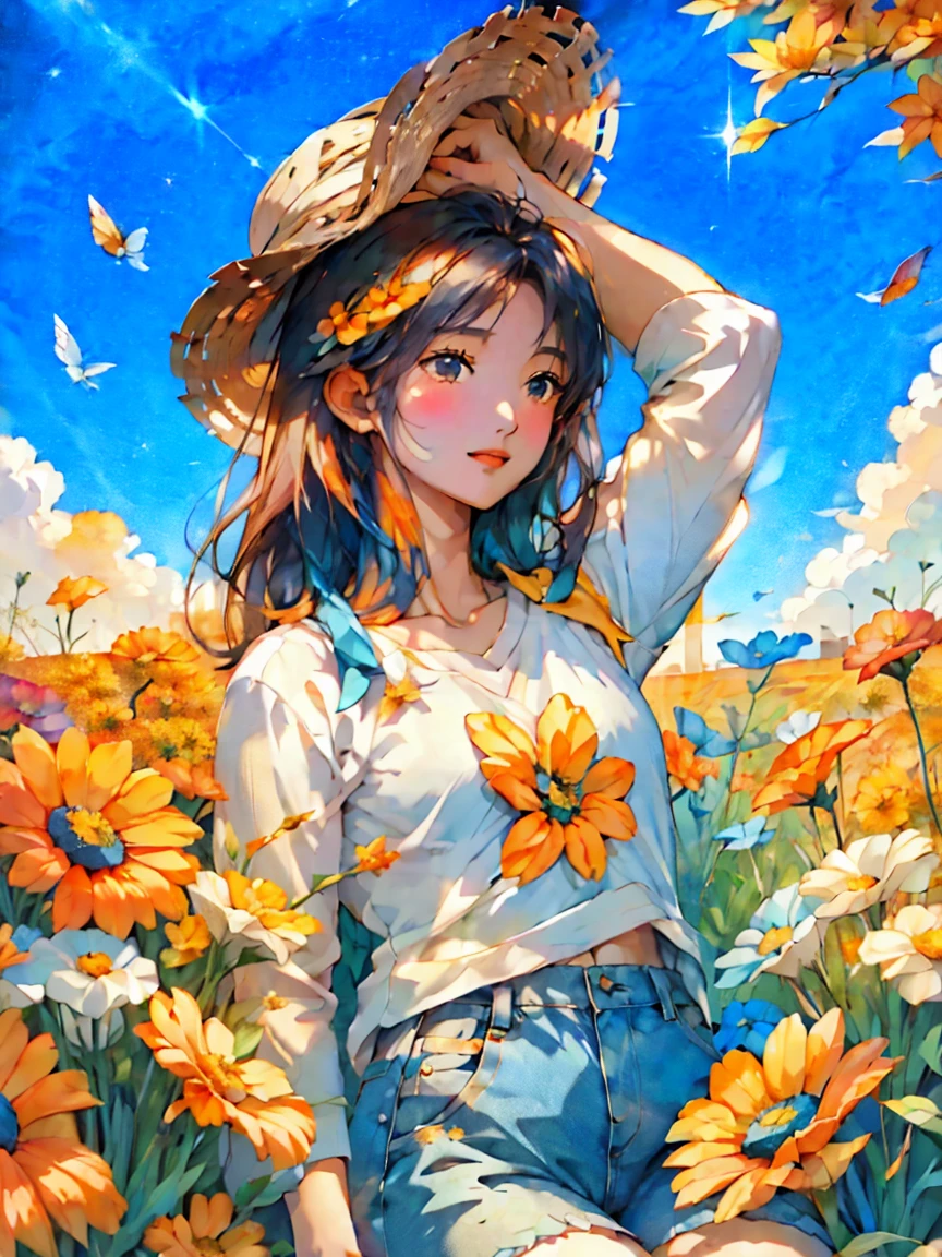 Many small autumn flowers in autumn colors々Woman lying on the floor　Slender supple arms　Cosmos　黄色やオレンジのCosmos　White t-shirt and blue denim　A lively and cheerful woman　Autumn blue sky　Orange and yellow with a touch of blue