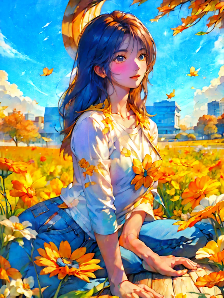 Many small autumn flowers in autumn colors々Woman lying on the floor　Slender supple arms　Cosmos　黄色やオレンジのCosmos　White t-shirt and blue denim　A lively and cheerful woman　Autumn blue sky　Orange and yellow with a touch of blue