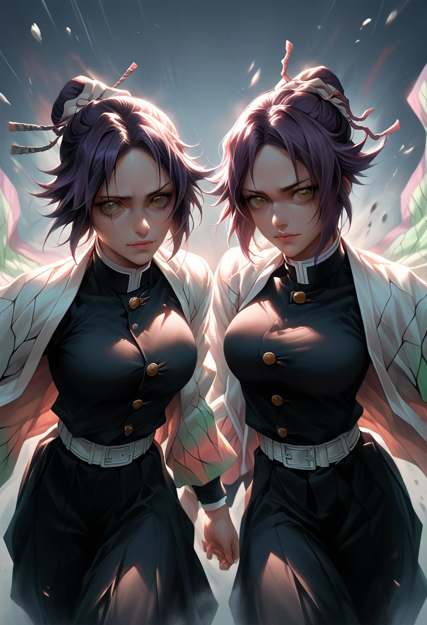 2women, duo, a beautiful detailed portrait of Shinobu from Demon Slayer and yoruichi from Bleach, incredibly detailed anime-style characters, gorgeous vibrant colors, intricate detailed clothing and accessories, dynamic action pose, complex detailed background, highly detailed, photorealistic, 8k, hyperrealistic, masterpiece, cinematic lighting, dramatic atmosphere,