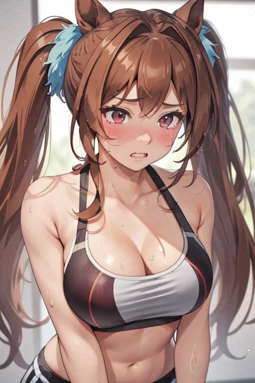 One girl, High resolution, High resolution, masterpiece, High detail, Long Hair, Twin tails, Wet Hair, Sweat,Training wear,bikini,valley,Training Room,Brown Hair, Grit your teeth, Heavy breathing, Blushing, 