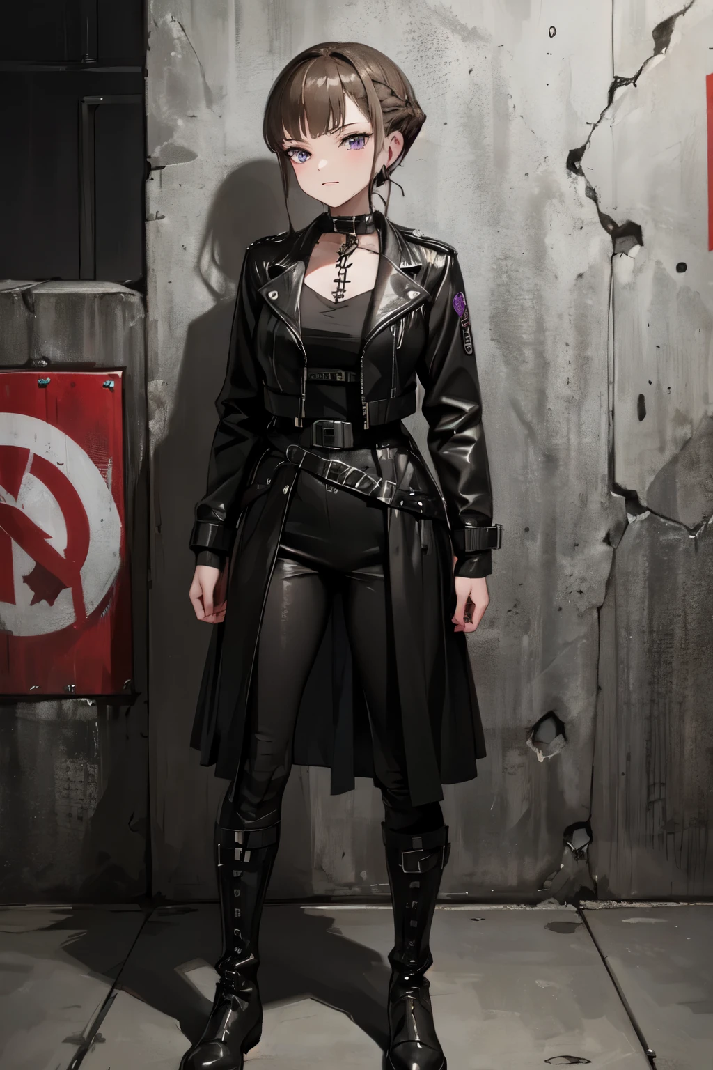 (nice with you), short hair, Braided hair, Brown Hair, Purple eyes, bangs, woman, alone, Gothic, Black leather jacket, race, safety pin accessories, Hard makeup, Long boots, mysterious, dark, Graffiti wall