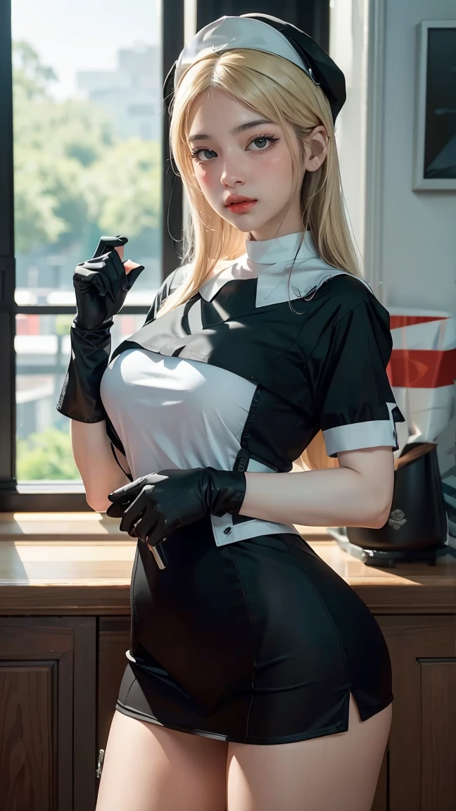 1 woman, Long bun blonde hair, smile, blue eyes, Black and white nun hat, high resolution, extra sharp, 8ก, Masterpiece, look at viewer, Long black gloves,  big breasts, big thighs, sharp eyes, 
((best quality)), ((Masterpiece)), (details:1.4), 3d, Image of a beautiful cyberpunk girl., Long blonde buns, blue eyes, HDR (high dynamic range),Ray Tracing, nvidia RTX, Excellent resolution, Not true 5,subsurface scattering, PBR texture, After processing, Anisotropic filtration, depth of field, Maximum clarity and clarity, multi-layered surface, Albedo and special maps, surface shading, Accurate simulation of light-material interactions, perfect proportions, Octane rendering, Two-tone lights, wide aperture, Low ISO value, white balance, Third rule,8K raw files, 8 floating cones, Aura