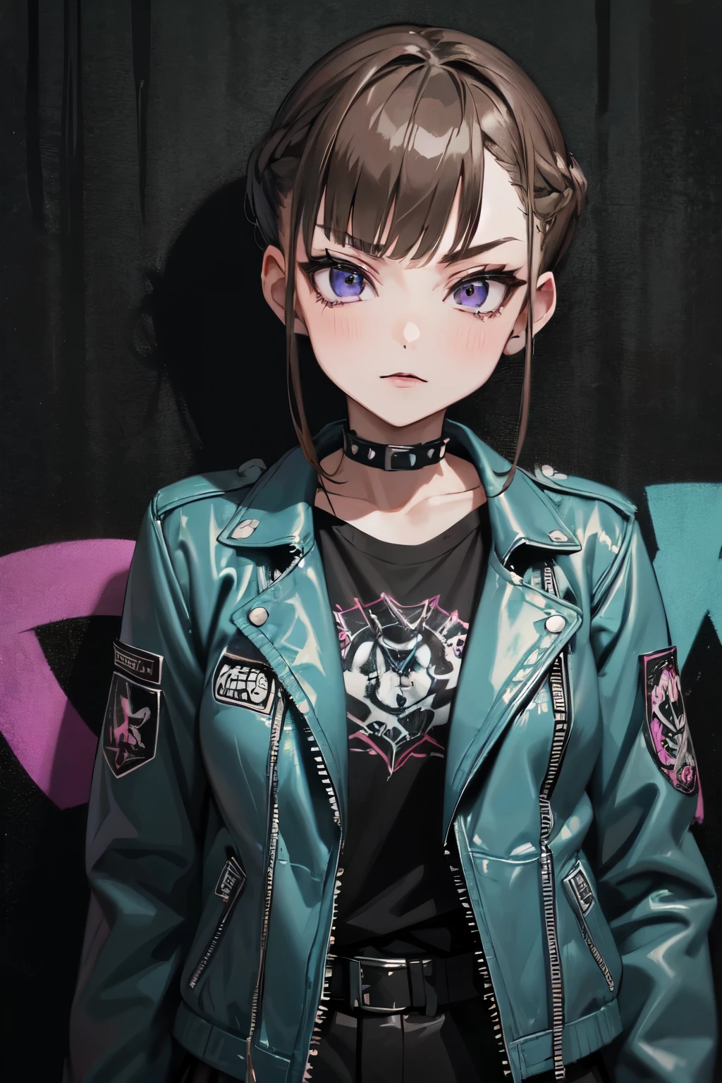 ((nice with you)), short hair, Braided hair, Brown Hair, Purple eyes, bangs, woman, alone, punk, punkファッション, (light blue leather jacket), Black T-shirt, Spiked Choker, bracelet, Black eyeshadow, Black Lips, masterpiece、Background of the cityscape、Graffiti wall