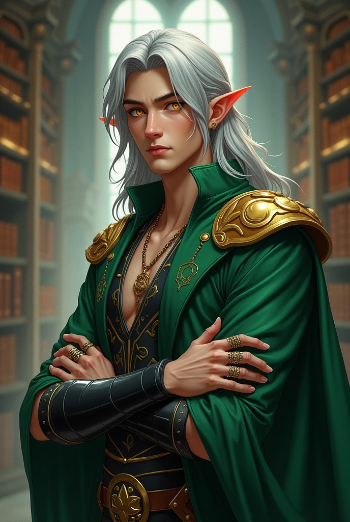 ---
Create a highly detailed and realistic fantasy portrait of a **male sorcerer** with **elven features**. He has a slender but defined face, characterized by high cheekbones, a sharp jawline, and **pointed ears**. His skin is fair with a sprinkling of **freckles** across his cheeks and nose, giving him a youthful, almost ethereal appearance. His eyes are a piercing **light blue**, exuding a mystical and intense gaze that hints at his magical prowess.
His hair is composed of long, **thick dreadlocks** that cascade past his shoulders, blending shades of chestnut and blonde. Some of the dreadlocks are adorned with small trinkets, beads, and wraps, adding a tribal and earthy feel to his appearance. He has a neatly trimmed
---
