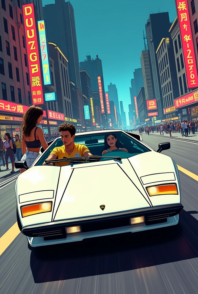 Comic hiperrealista look años 80's una chica y un chico que conduce  van en un carro lamborghini blanco el chico conduce el auto y viste un jersey amarillo y una chica que esta al lado de la via mira como se alejan al fondo edificios con avisos luminosos de neon look año 80s