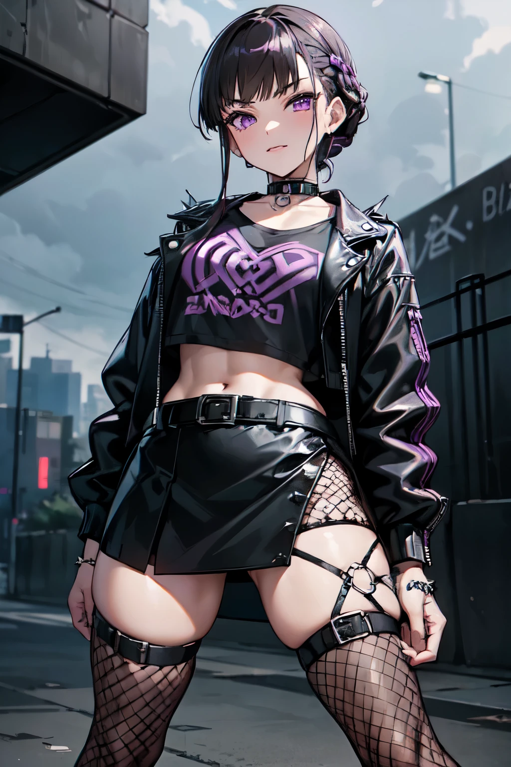 ((nice with you)), short hair, Braided hair, Brown Hair, Purple eyes, bangs, woman, alone, punk, punkファッション, Leather jacket, (Purple Skirt), Fishnet tights, Black T-shirt, Spiked Choker, bracelet, Black eyeshadow, Black Lips, masterpiece, Urban Scene、Background of the cityscape、Graffiti wall、full body