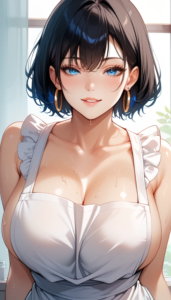 score_9, score_8_up, score_7_up, score_6_up, score_5_up, score_4_up, yu hee, blue eyes, black hair, short hair, large breasts, naked ,wet apron, oversized hoops earrings,big earrings , biting lips