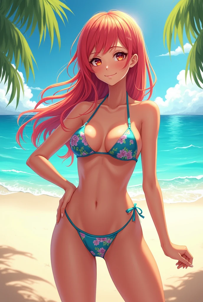 A girl is standing on the beach wearing a pink bikini and her chest is big