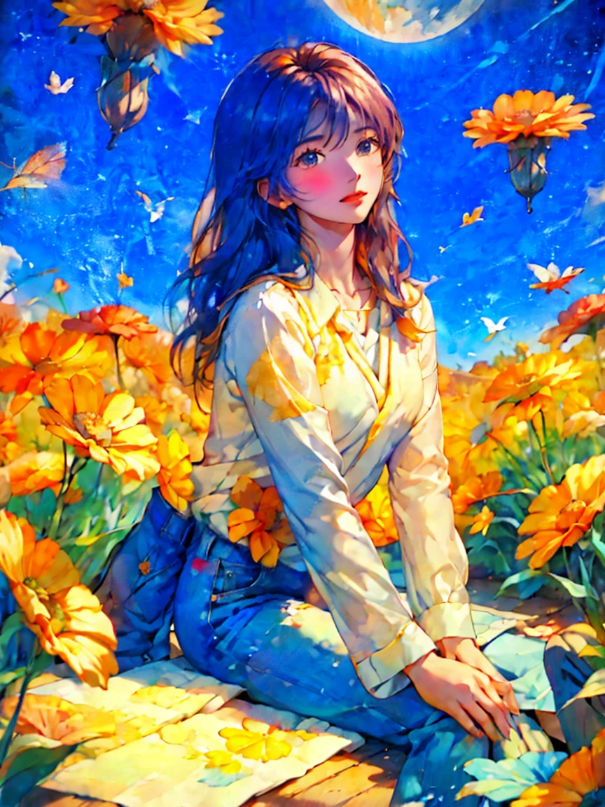 Many small autumn flowers in autumn colors々Woman lying on the floor　Slender supple arms　Cosmos　黄色やオレンジのCosmos　White long sleeve shirt with blue denim　A lively and cheerful woman　Autumn blue sky　Orange, yellow and a touch of blue - a pale colour scheme　Soft color scheme　Abstract paintings that look like they were made with diluted paint