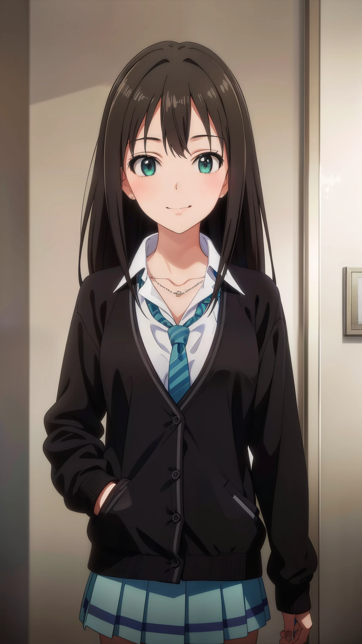 (masterpiece、Highest quality、In 8K、High resolution:1.2)、alone, One Girl, Rin Shibuya、 ((smile))、school uniform、 cardigan, tie, necklace, View your viewers、Cowboy Shot