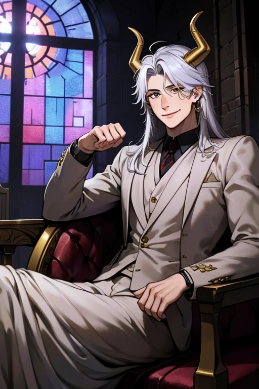 Perfect face. Perfect hands. A young silver haired man with golden eyes and golden horns in a cool suit is smiling while laying down on a pew in an abandoned church\