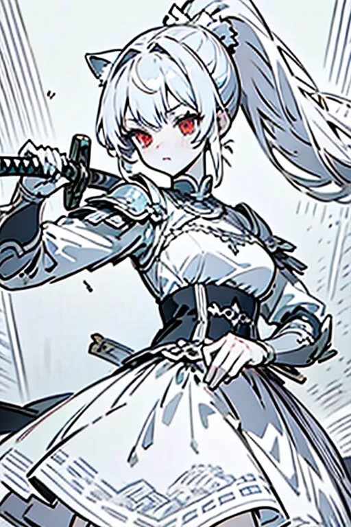 Beautiful anime girl with white hair, Red eyes, And a delicate face, wearing cute white dress, A playful and bright look, Ultra-high resolution, masterpiece, Highest quality, Very detailed, ponytail,Long Hair,****ta with animal ears, Anime Style,Carrying,Carrying a weapon,巨Large sword,Large sword,Big Sword,Put it on your shoulder,Carrying,Long Sword,人よりBig Sword,rain降ってる,rain