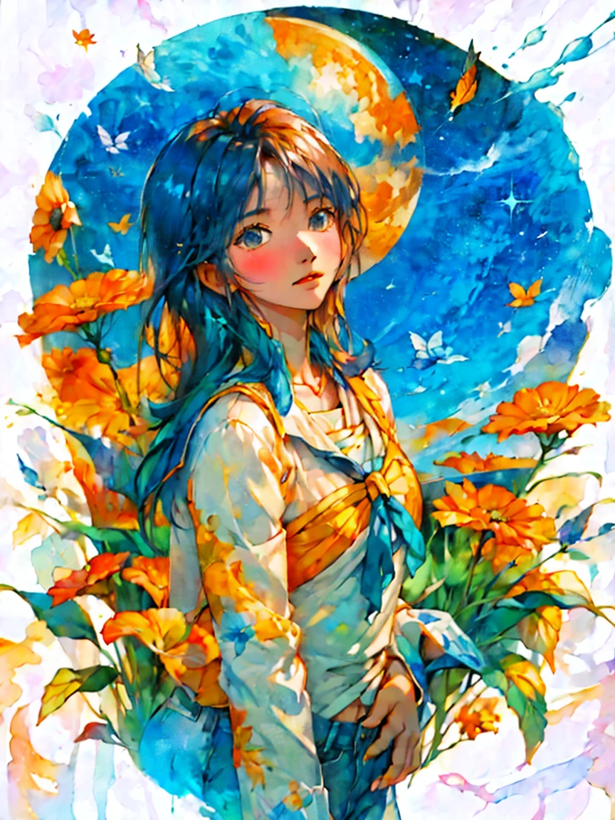 Many small autumn flowers in autumn colors々Woman lying on the floor　Slender supple arms　Cosmos　黄色やオレンジのCosmos　White long sleeve shirt with blue denim　A lively and cheerful woman　Autumn blue sky　Orange, yellow and a touch of blue - a pale colour scheme　Soft color scheme　Abstract painting that looks like it was painted with thin, diluted paint　Slightly low saturation