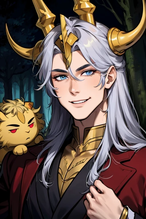 Perfect face. Perfect hands. A young silver haired man with golden eyes and golden horns in a cool suit is smiling while exploring a dark forest