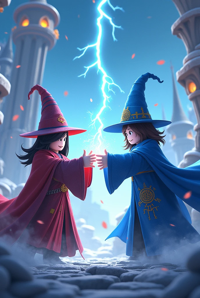 A wizard with black hair, A , with a dungaree jumpsuit over a red blouse and a pointy hat and his magic is red fighting with his brother who wears blue casual clothes and has blue magic, 