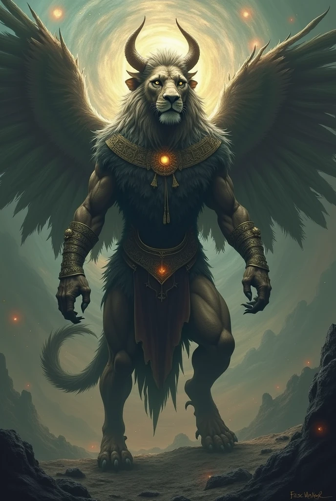 A majestic Sphinx taur, blending the features of a traditional Sphinx and a centaur. It has the head and torso of a human with subtle feline features, including slightly pointed ears and cat-like eyes. The hair flows like a mane, adorned with ancient Egyptian jewelry and armor with hieroglyphic patterns. The lower body is that of a muscular lion with sleek golden-brown fur, featuring four powerful leonine legs and a tufted tail, along with two more human-like legs in front. The creature stands proudly, with large feathered wings extending from its back, adding to its regal and mystical aura. The background is an ancient, sunlit desert, with ruins in the distance, enhancing the mythical setting.