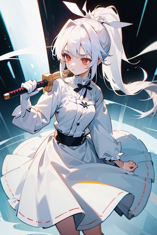 Beautiful anime girl with white hair, Red eyes, And a delicate face, wearing cute white dress, A playful and bright look, Ultra-high resolution, masterpiece, Highest quality, Very detailed, ponytail,Long Hair,****ta with animal ears, Anime Style,Carrying,Carrying a weapon,巨Large sword,Large sword,Big Sword,Put it on your shoulder,Carrying,Long Sword,人よりBig Sword,rain降ってる,rain