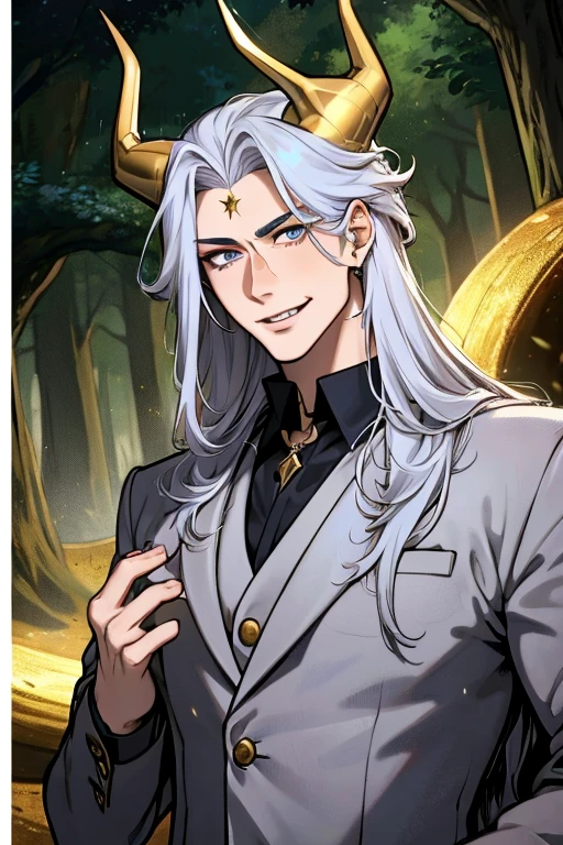 Perfect face. Perfect hands. A young silver haired man with golden eyes and golden horns in a cool suit is smiling while exploring a dark forest