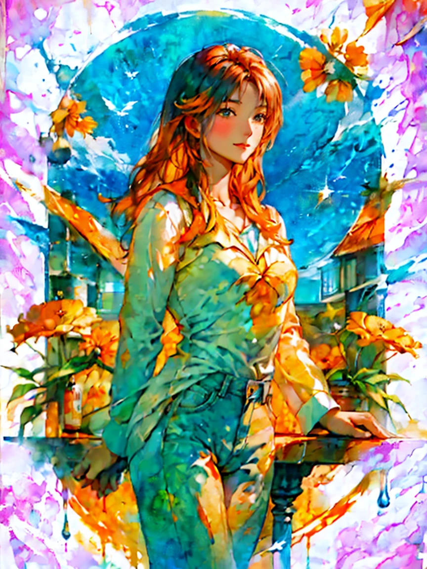 Woman drinking wine in the vineyards　Slender supple arms　Cosmos　黄色やオレンジのCosmos　White long sleeve shirt with blue denim　A lively and cheerful woman　Autumn blue sky　Orange, yellow and a touch of blue - a pale colour scheme　Soft color scheme　Abstract painting that looks like it was painted with thin, diluted paint　Slightly low saturation