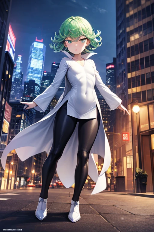 Masterpiece, best quality, ultra detailed, illustration, lighting epic, cinematic composition, 1 girl, Tatsumaki, short hair, green hair, very small breasts, green eyes, bright eyes, pouting, blushing, closed mouth, piercing gaze, full body, long beige trench coat, open trench coat, black fingerless gloves, white shirt, white nanotechnology suit, black pants, white knee pads, metallic white shoes, nanotechnology in the air, city background, anime