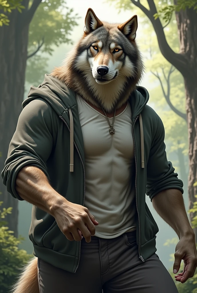 anthro white wolf, male, adult, muscular, shorts, topless, looking at viewer, (realistic fur, detailed fur texture:1.2), detailed background, wilderness background, photorealistic, hyperrealistic, ultradetailed,