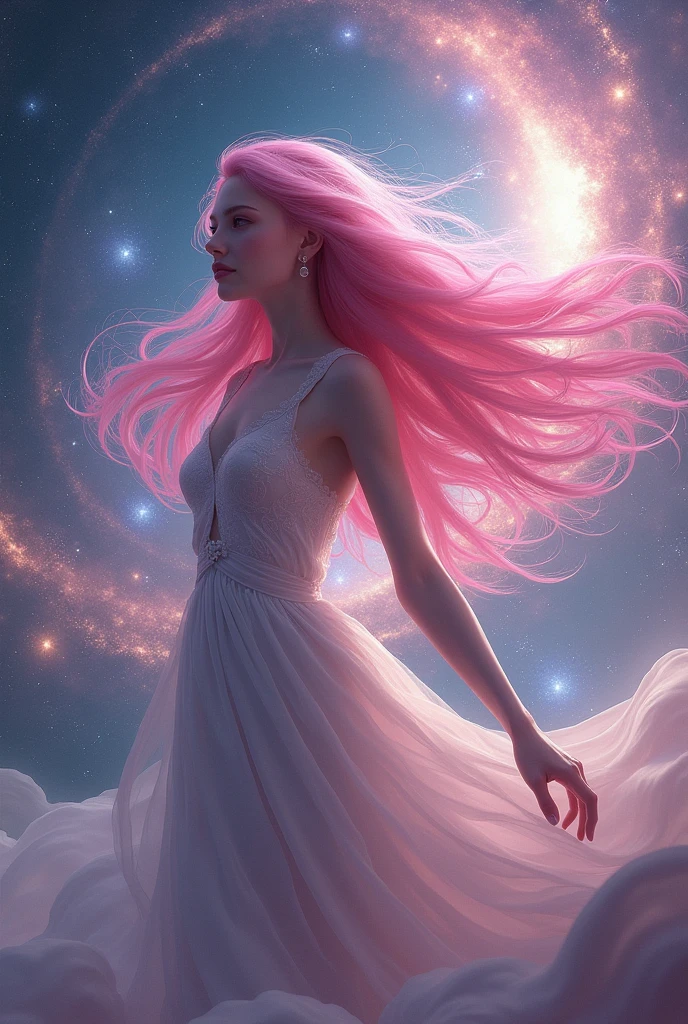 (Highest quality,4K,8k,High resolution,masterpiece:1.2),Very detailed,(Realistic,photoRealistic,photo-Realistic:1.37),Night Sky, Spiritual cosmic beings (Translucent woman:1.5), beautiful, Long Hair, Pink Hair, Straight Hair, 18-year-old, Cybertic, bangs, cyber punk, Fantasy, dream-like, Astronomical Diagram, 息を呑むほどbeautiful星空, Mysterious Galaxy, Sparkling constellations, Vivid nebulae, Swirling colors, Shining Moon, Shining Northern Lights, Fascinating Stardust, Otherworldly atmosphere, Heavenly brilliance, Infinite Expansion, Heavenly Beauty, Transcendent Existence, Seductive energy, celestial harmony, Heavenly Silence, Space Serenade, An ethereal whisper, Fascinating space dance, The Graciousness of God, Heavenly brilliance, space magic,