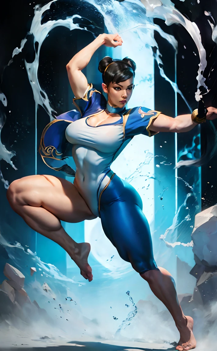 tall woman,  2 , white skin color , Bblack hair , big boobies , defined curves , bikini with deep plunging neckline, Chun-Li , Gym Scenario , Installation of.barefoot fight , one leg up (high qualiy) Masterpiece artwork ,  chun li Stf 6