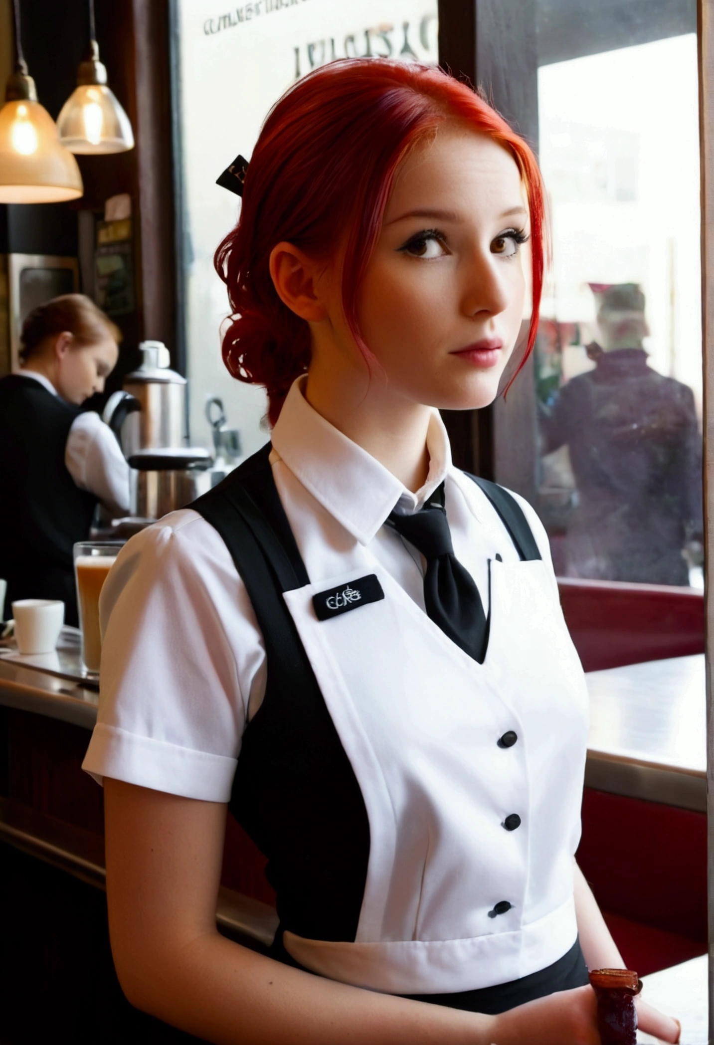 photography of Café environment, with a young 1 waitress, red hair, in a stylish uniform. 