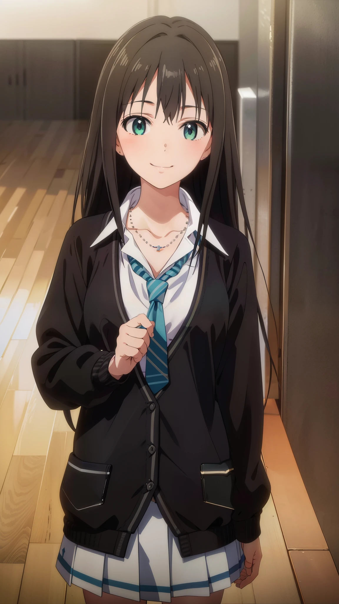 (masterpiece、Highest quality、In 8K、High resolution:1.2)、alone, One Girl, Rin Shibuya、 ((smile))、school uniform、 cardigan, tie, necklace, View your viewers、Cowboy Shot