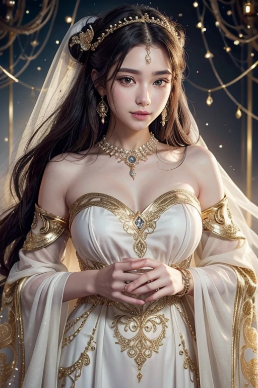 Portrait of a 27-year-old saint,Charming adult saint in a long dress made of thin silk, beautiful saint with an old face, adult, wearing a thin multicolored silk dress, beautiful face without blemishes, (((Natural smile:1.3))), ((flat bangs:0.5)), (((platinum long hair:0.5))), big crown, hair brooch, hanfu dress, chinese ancient style, full body jewelry, forehead tattoo, super even chest, face, innocent face, The most beautiful and detailed light red lipstick, ((Thin plump lips:0.3)), ((Golden Eyes color:0.6)), beautiful hands:(((0.5))), ((hand full of 5 fingers:0.8)), Detailed and delicate lighting effects, light and dark, dramatic lighting, magical light, extremely detailed light, true color, super sharp, realistic, 8k quality, fantasy universe background, saints and magical space, the most detailed images, ((Solo:0.3)), ((a saintess:0.6)), ((looking directly at the saint's upper body:0.4)), ((smooth skin:0.5)), ((the holy woman's veil:0.6)), ((solo:0.5)), ((alone girl:0.4)),