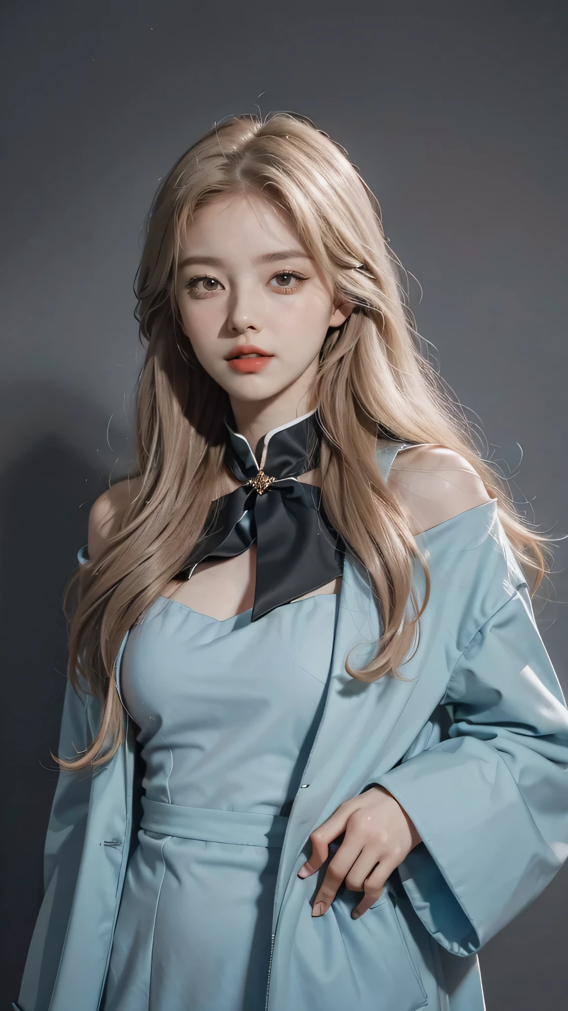 Girl wearing, luxury navy blue coat, shoulder length hair, wavy hair, glowing skin, star in eye, red lips, grey background, cute poses , upper body, light blonde hair.