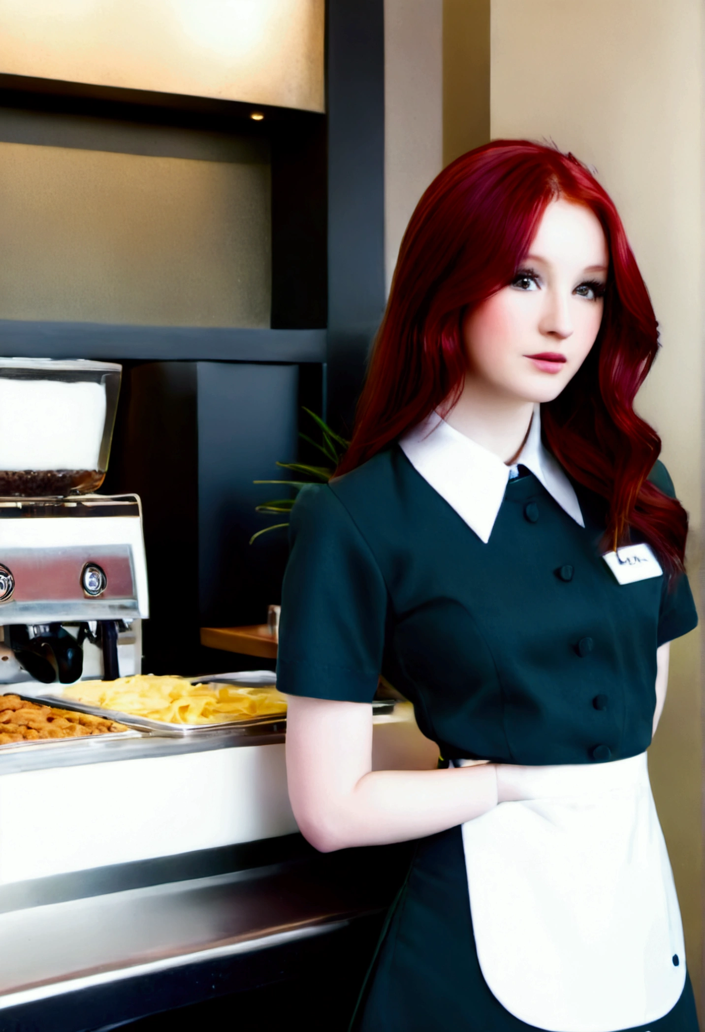 photography of Café environment, with a young 1 waitress, red hair, in a stylish uniform. 