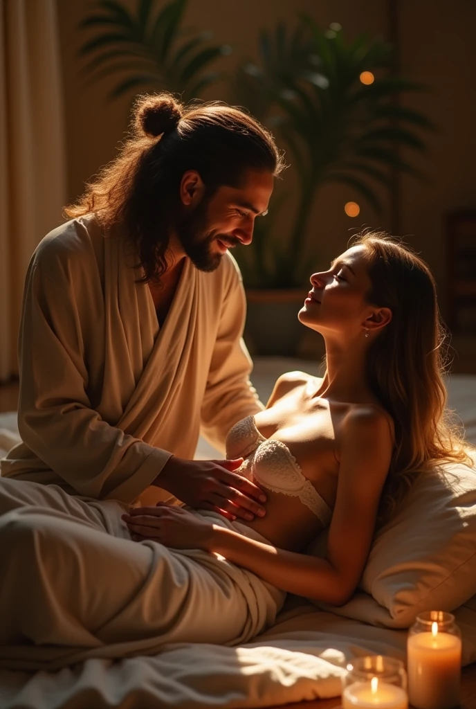 Blonde woman in jeans and blouse sitting on the bed in the room next to her a man in a white robe with brown hair Jesus and the Bible on the bed he holding her hand