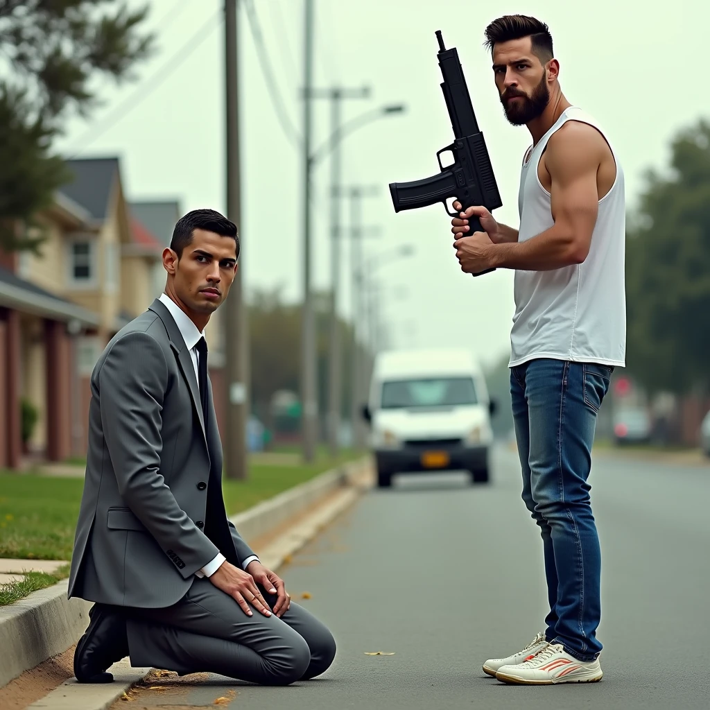 Young strong bearded Brazilian cafuzo police officer in military tactical police uniform, Lottery, elite, boina preta, armed, approaching searching a black criminal offender with his hands raised behind his head in white underwear on the street.