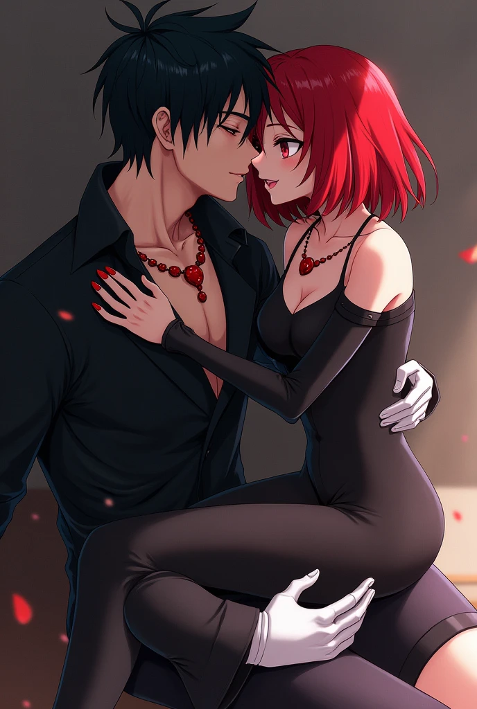 the couple are having a loving moment by the waterfall in the park, 1girl, 1boy, red hair, twintails, breasts, hetero, gloves, elbow gloves, tongue, long hair, tongue out, large breasts, kiss, 1girl on top,1boy are crazy about kissing, 1girl's looking at viewer, masterpiece, incredibly absurd resolution, absolutely resolution, ultra high resolution, professional, vivid colors, perfect anatomy, ideal facial features, ideally proportioned figure, perfectly beautiful body, super detailed skin, glossy skin, glistening skin,